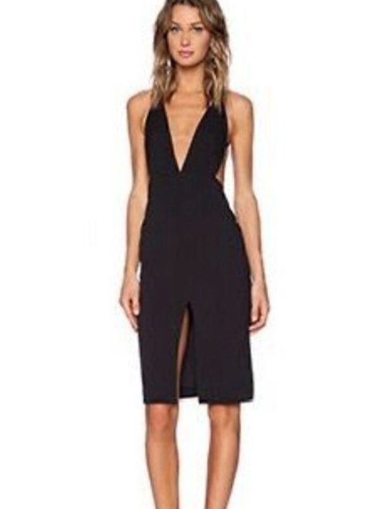 Solace London Bacall Plunge Dress 6 Black Open Cross Back Front Slit Cocktail